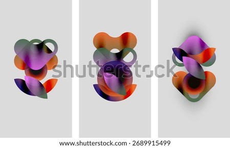 Abstract colorful shapes overlap, creating soft gradients. Three panels display similar compositions, differing slightly in hue. Minimalist design, modern aesthetic.