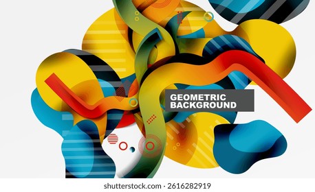 Abstract colorful shapes overlap. Dynamic composition features vibrant gradients, lines, circles, modern design elements.
