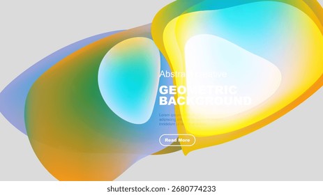 Abstract colorful shapes overlap gray background. Text reads Geometric Background, includes button. Modern design elements present.