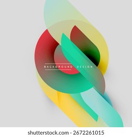 Formas coloridas abstratas se sobrepõem. Design moderno apresenta tons vibrantes, gradientes suaves, composição dinâmica. O plano de fundo minimalista melhora o impacto visual.
