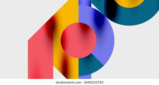 Abstract colorful shapes overlap. Red, yellow, blue, purple create modern design. Smooth gradients enhance visual interest.