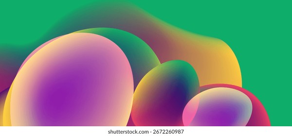 Abstract colorful shapes overlap. Vibrant gradients create fluid forms, suggesting movement, energy, modern design. Smooth transitions dominate composition.