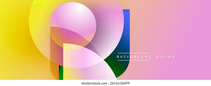 Abstract colorful shapes overlap. Yellow, pink, purple hues blend smoothly creating modern design. Background features text elements.