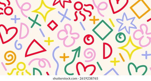 Abstract Colorful Shapes Pattern Hearts, Stars, and Geometric Designs