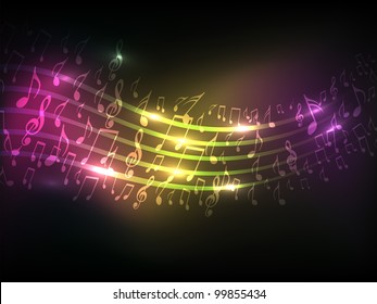 Resumen de notas musicales brillantes coloridas o fondo de olas. La EPS 10 puede utilizarse como volante, pancarta o afiche para fiestas disco y otros eventos.