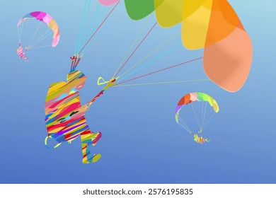 abstract colorful silhouette of several people paragliding against a blue sky background