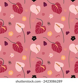 Abstract colorful simple flat floral shapes anthurium, poppy flowers boho shapes. Modern simple abstract background seamless pattern, wallpaper, fabrics pattern, surface design