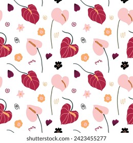 Abstract colorful simple flat floral shapes anthurium, poppy flowers boho shapes. Modern simple abstract background seamless pattern, wallpaper, fabrics pattern, surface design