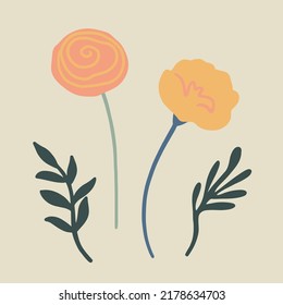 Abstract colorful simple geometric floral shapes, poppy flowers, boho shapes. Modern simple abstract background.