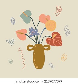 Abstract colorful simple geometric floral shapes, anthurium flowers, poppy flowers in vase, boho shapes. Modern simple abstract background. Greeting card, social media template, packaging design