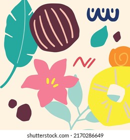 Abstract colorful simple geometric tropical shapes, boho shapes. monstera leaves, flowers, coconut, pineapple. Modern simple abstract background.