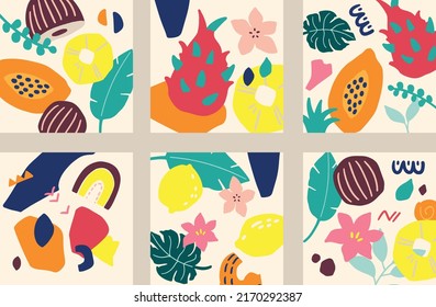 Abstract colorful simple geometric tropical shapes, boho shapes. monstera leaves, flowers, coconut, papaya fruit. Modern simple abstract background.