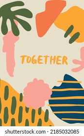 Abstract colorful simple geometric tropical shapes, boho shapes. Modern simple abstract background with inspiring lettering. Social network banner, template, frame