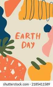 Abstract colorful simple geometric tropical shapes, boho shapes. Modern simple abstract background with ecology lettering Earth Day. Social network banner, template, frame