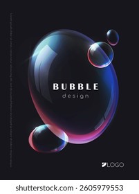Abstract colorful soap bubbles with glossy reflections on dark background, showcasing futuristic and modern aesthetic for creative concepts. Vector illustration