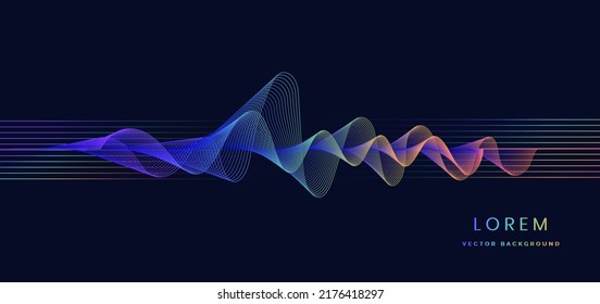 Abstract colorful sound wave music lines flowing on dark blue background. You can use for ad, poster, template, business presentation. Vector illustration