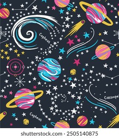 Abstract colorful space planets stars constellation dark background illustration seamless pattern repeat print textile fabric vector artwork