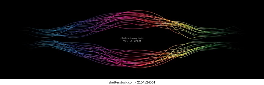 Abstract colorful spectrum light lines wavy dynamic banner with space for text isolated on black background in concept technology, neural network, neurology, science, music.