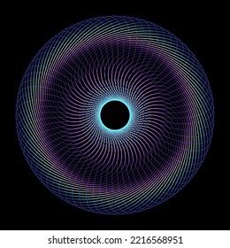 Abstract colorful spectrum light lines weaving pattern in circle shape isolated on black background. Vector illustration in modern concept of science, music, technology.