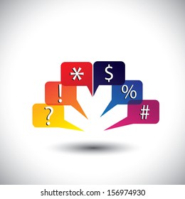 abstract colorful speech bubbles with punctuations & other signs. The graphic represents expressions of people showing different emotions like confusion, doubt, excitement, happiness, surprise, etc