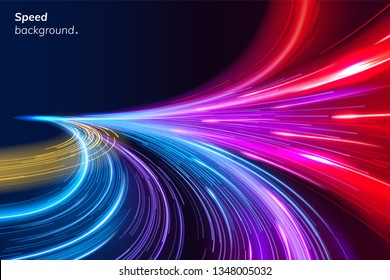 Abstract colorful speed background with lines in shape of track turn. Geometric and dynamic, trendy layout for racing club or sport competition, event poster. Futuristic and motion, race and linear