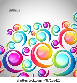 Abstract colorful spiral arc-drop pattern on a light background. Transparent colorful elements and circles design card.  Vector illustration.