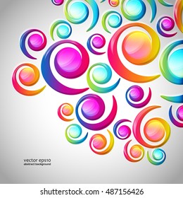 Abstract colorful spiral arc-drop pattern on a light background. Transparent colorful elements and circles design card.  Vector illustration.