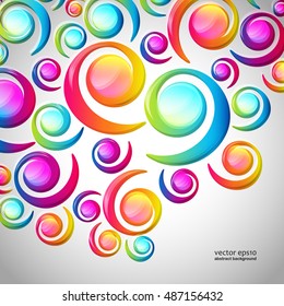 Abstract colorful spiral arc-drop pattern on a light background. Transparent colorful elements and circles design card.  Vector illustration.