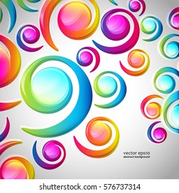Abstract colorful spiral arc-drop pattern on a light background. Transparent colorful elements and circles design card.  Vector illustration.