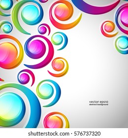 Abstract colorful spiral arc-drop pattern on a light background. Transparent colorful elements and circles design card.  Vector illustration.