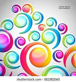 Abstract colorful spiral arc-drop pattern on a light background. Transparent colorful elements and circles design card.  Vector illustration.