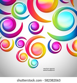 Abstract colorful spiral arc-drop pattern on a light background. Transparent colorful elements and circles design card.  Vector illustration.