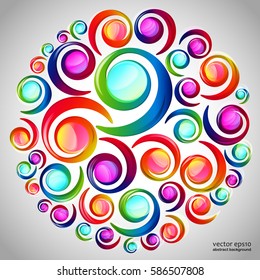 Abstract colorful spiral arc-drop pattern on a light background. Transparent colorful elements and circles design card.  Vector illustration.