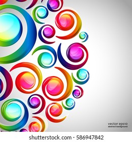 Abstract colorful spiral arc-drop pattern on a light background. Transparent colorful elements and circles design card.  Vector illustration.