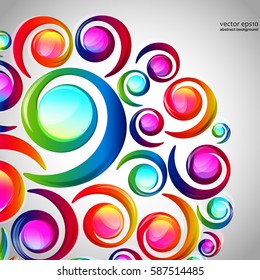 Abstract colorful spiral arc-drop pattern on a light background. Transparent colorful elements and circles design card.  Vector illustration.