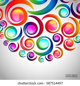 Abstract colorful spiral arc-drop pattern on a light background. Transparent colorful elements and circles design card.  Vector illustration.