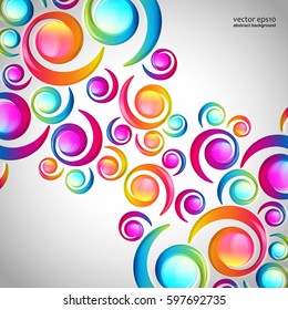 Abstract colorful spiral arc-drop pattern on a light background. Transparent colorful elements and circles design card.  Vector illustration.