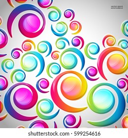 Abstract colorful spiral arc-drop pattern on a light background. Transparent colorful elements and circles design card.  Vector illustration.