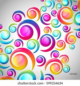 Abstract colorful spiral arc-drop pattern on a light background. Transparent colorful elements and circles design card.  Vector illustration.