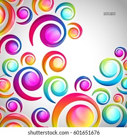 Resumen del patrón de caída de arco espiral colorido sobre un fondo claro. Tarjeta de diseño de círculos y elementos de color transparentes.  Ilustración vectorial.