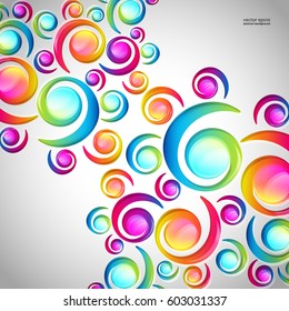 Abstract colorful spiral arc-drop pattern on a light background. Transparent colorful elements and circles design card.  Vector illustration.