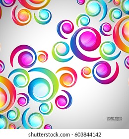 Abstract colorful spiral arc-drop pattern on a light background. Transparent colorful elements and circles design card.  Vector illustration.