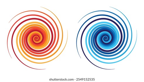 Abstract colorful spiral circles, warm tones and cool tones. Vector design with white background