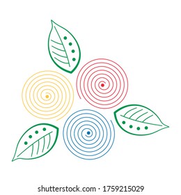Resumen de espirales y hojas coloridas. Ilustración vectorial. Concepto de diseño sobre fondo blanco. Composición del motivo de las flores en espiral de adornos rojos, amarillos y azules.