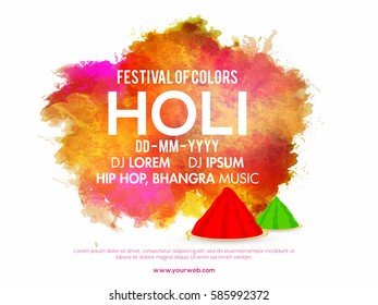 Abstract colorful splash decorated banner, poster design for Indian Festival of Colors, Holi Party celebration.