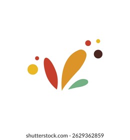 Abstract colorful splash design with organic shapes and rounded droplets in red, orange, yellow, green, and brown on a white background. Great for modern branding visuals.