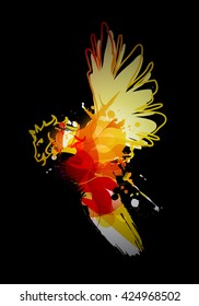 Abstract colorful splash illustration reminding bird with horse head on dark background.