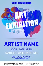 Abstract colorful splash vector flyer template of art exhibition in violet color