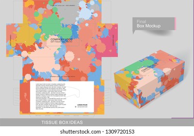 Abstract colorful splashes tissue box concept, template for business purpose, place your text and Logos and ready to go for print