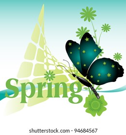 Abstract colorful spring background with green flowers and a blue butterfly